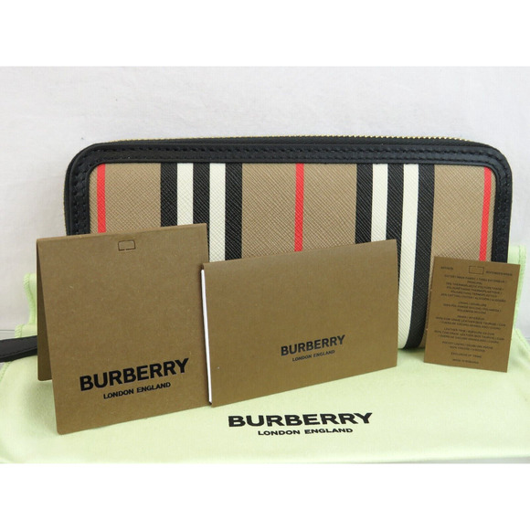 BURBERRY ELLERBY BLACK LEATHER ICON STRIPE CANVAS ZIP AROUND CONTINENTAL WALLET - Picture 6 of 14